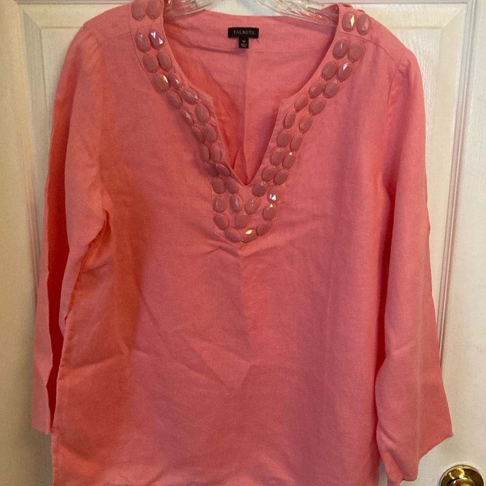 Talbots Coral Embellished V-Neck Tunic Top